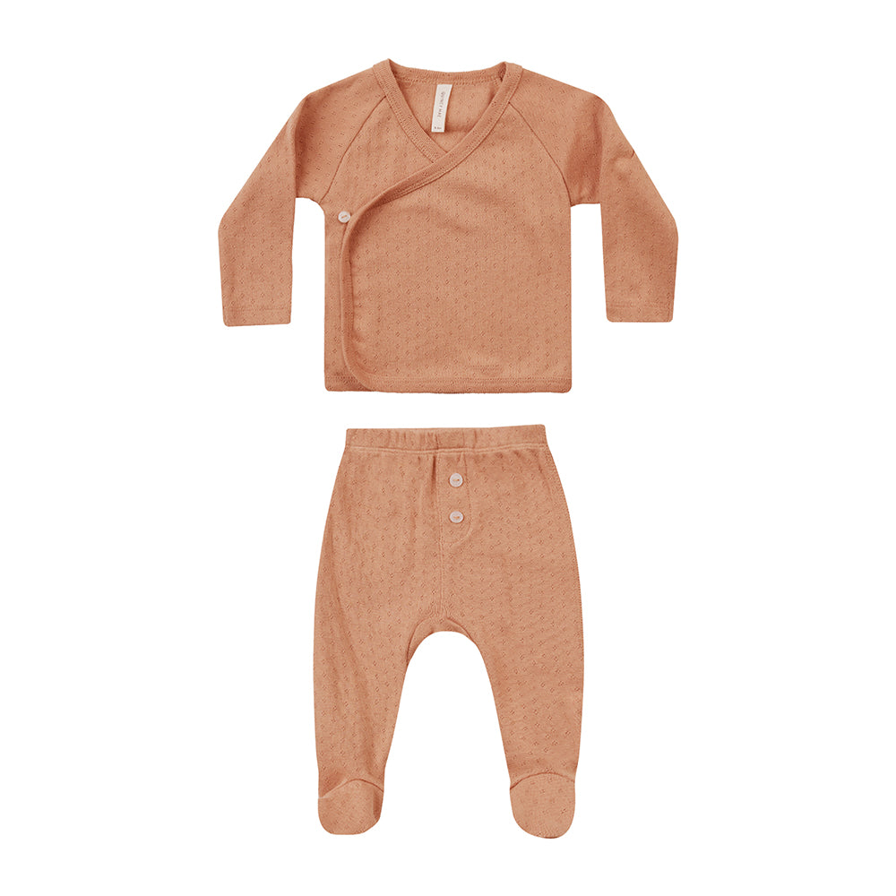 Poppys Collection Pointelle Wrap Top + Footed Pants Set