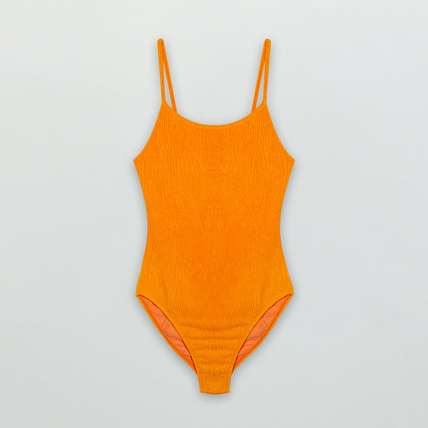 Bright orange woman's one-piece swimsuit with textured fabric